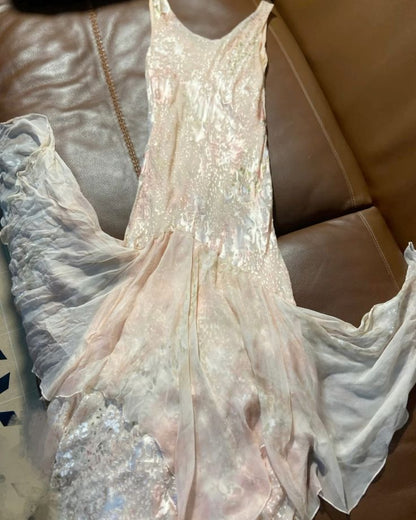 Dreamy Light Pink Gradient Floral Print Mermaid Shoulder Strap Chiffon Long Prom Dress Evening Dress cc4989