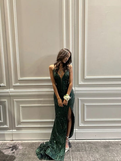 Luxurious Dark Green Mermaid Deep V Halter High Slit Sequined Train Prom Dress Evening Dress cc4991