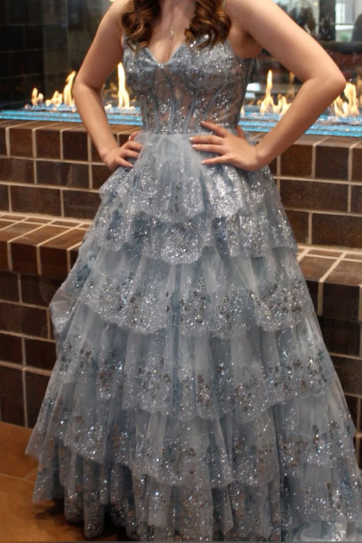 Dreamy Blue A-line Strappy V-neck Ruffled Sequined Tulle Long Prom Dress Evening Dress cc5000