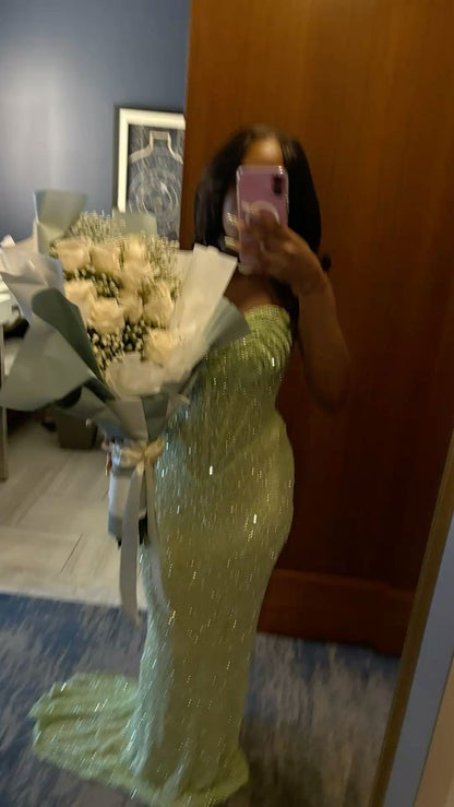 Sparkling Green Mermaid Strapless Sequined Prom Dress Evening Dress cc5008