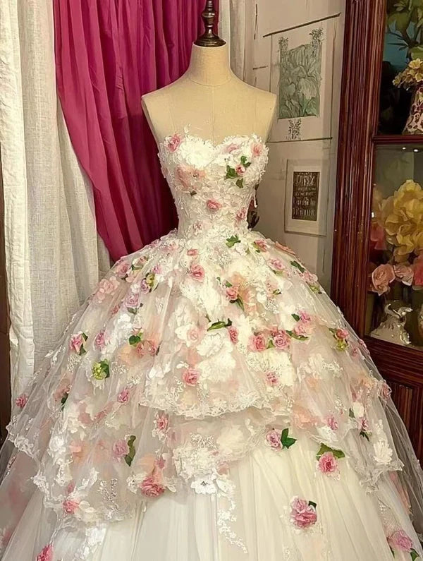 Dreamy Princess Strapless 3D Floral Lace Tulle Ball Gown Evening Dress Sweet 16 Dress cc5015