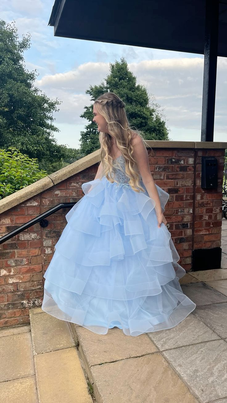 Sweet Light Blue A-line V neck Layered Tulle Long Prom Dress Evening Dress cc5019