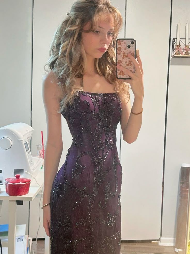 Vintage Deep Purple Mermaid Square Neck Embroidered Slit Long Prom Dress Evening Dress cc5021