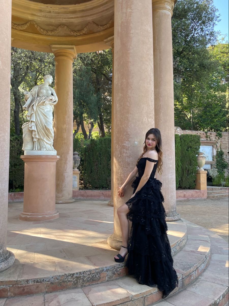 Elegant Black A-line Off-shoulder Layered Lace Tulle Slit Long Prom Dress Evening Dress cc5022