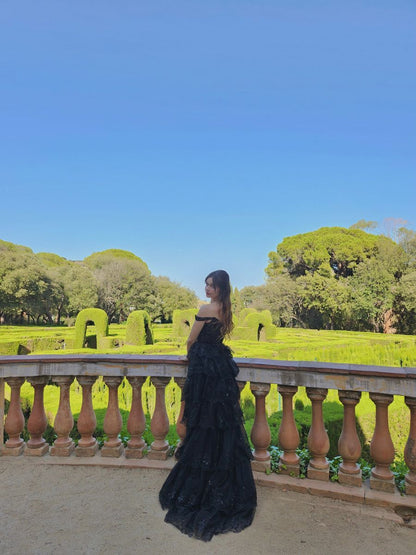 Elegant Black A-line Off-shoulder Layered Lace Tulle Slit Long Prom Dress Evening Dress cc5022