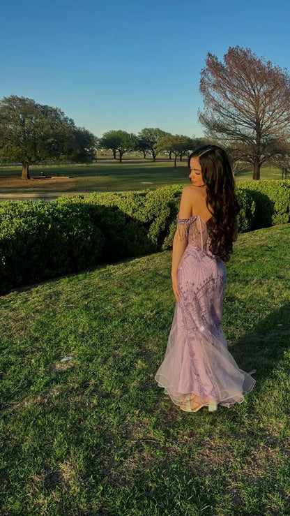 Dreamy Purple Mermaid Off-Shoulder Sequined Embroidered Tulle Long Prom Dress Evening Dress cc5030