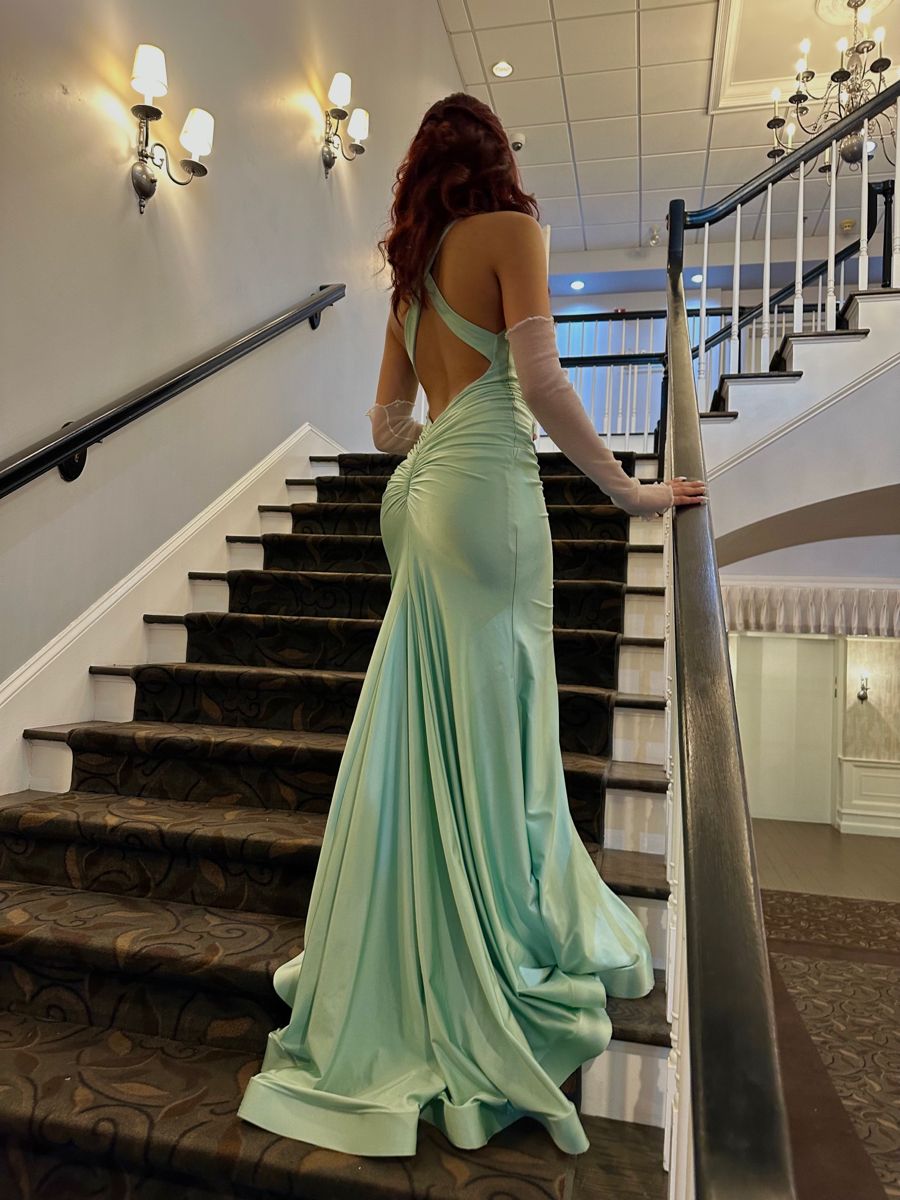 Elegant Mint Green Mermaid Crossover Backless Satin Long Prom Dress Evening Dress cc5035