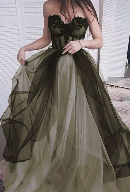 Dark Olive Green A-line Sweetheart Neckline Tulle Train Prom Dress Evening Dress cc5040