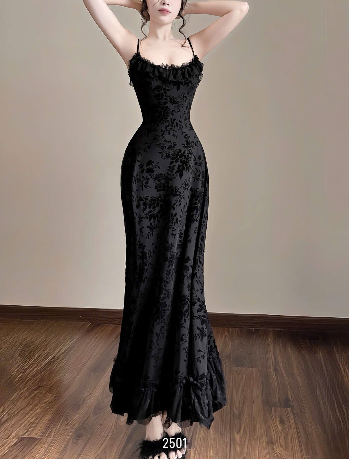 Vintage Black Mermaid Thin Strap Velvet Jacquard Long Prom Dress Evening Dress cc5050