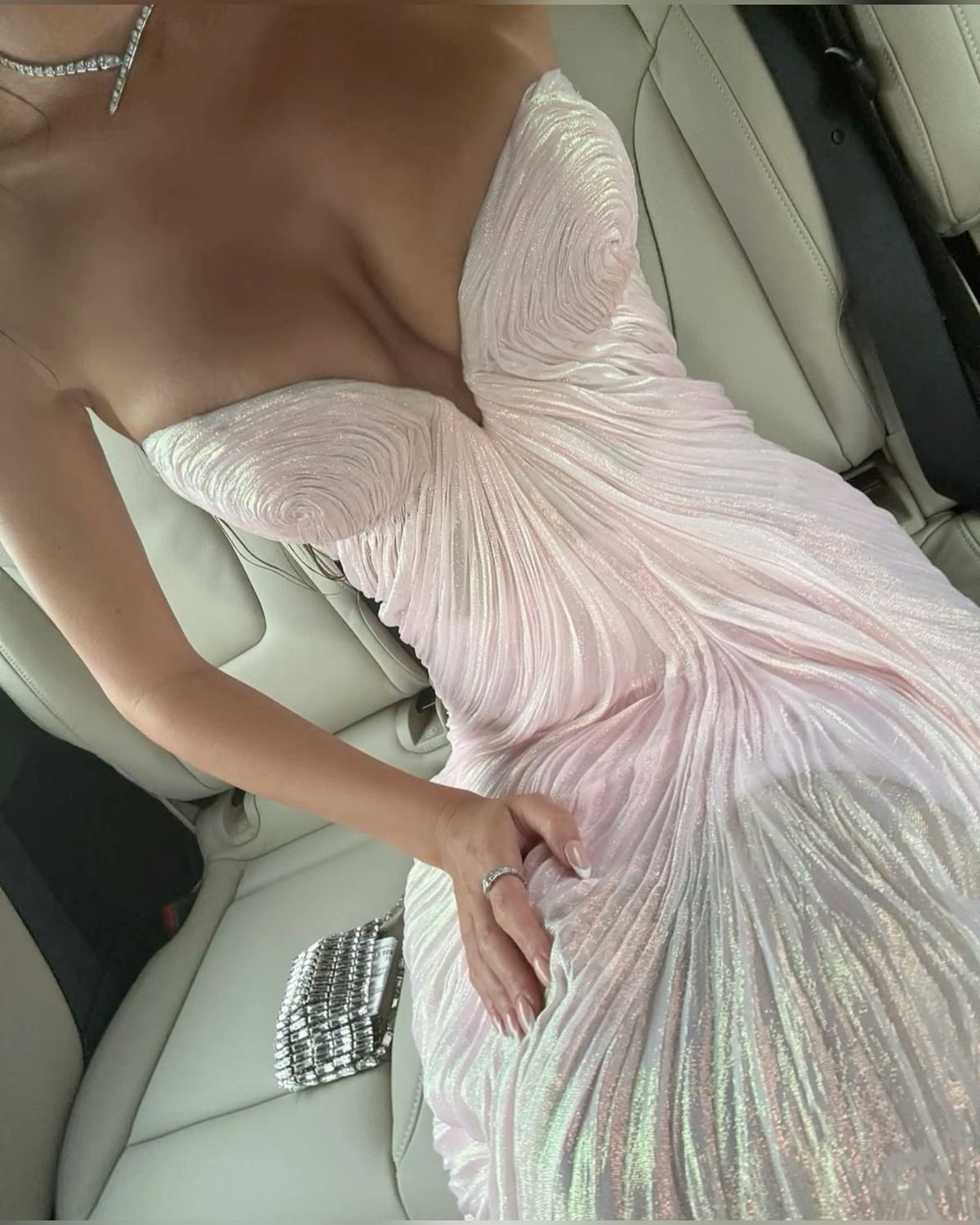 Gorgeous Pale Pink A-line Deep V Strapless 3D Pleats Sequins Long Prom Dress Evening Dress cc5052