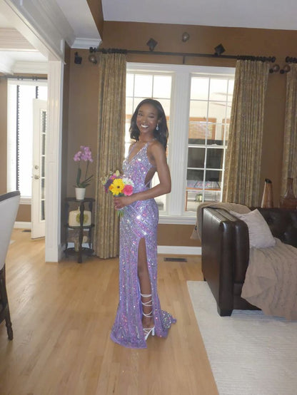 Sparkling Purple Mermaid V-Neck High Slit Sequined Long Prom Dress Evening Dress cc5054