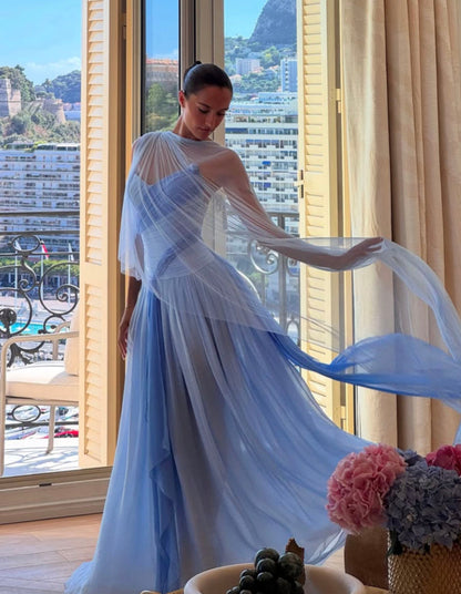 Elegant Blue Gradient A-line V-neck Spaghetti Strap Pleated Tulle Long Prom Dress Evening Dress cc5055