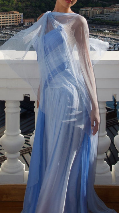 Elegant Blue Gradient A-line V-neck Spaghetti Strap Pleated Tulle Long Prom Dress Evening Dress cc5055
