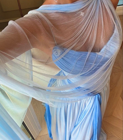 Elegant Blue Gradient A-line V-neck Spaghetti Strap Pleated Tulle Long Prom Dress Evening Dress cc5055