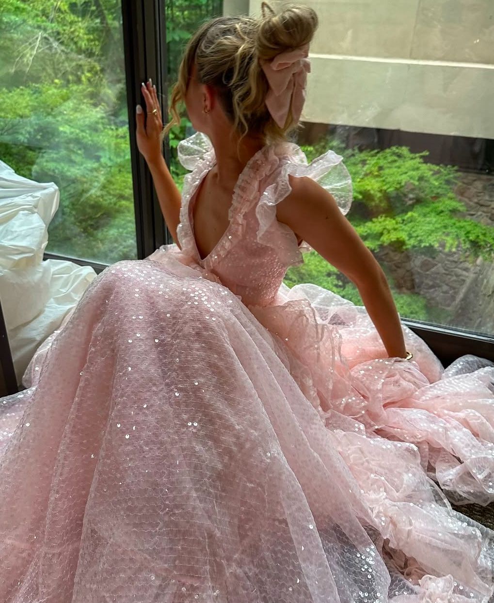 Princess Pink A-line V-neck Ruffled Sequined Tulle Long Prom Dress Evening Dress cc5057