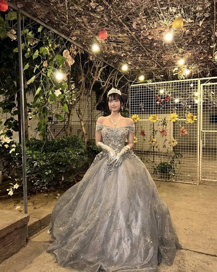 Dreamy Princess Silver-Gray Off-Shoulder Sequined Tulle Ball Gown Evening Dress Sweet 16 Dress cc5064