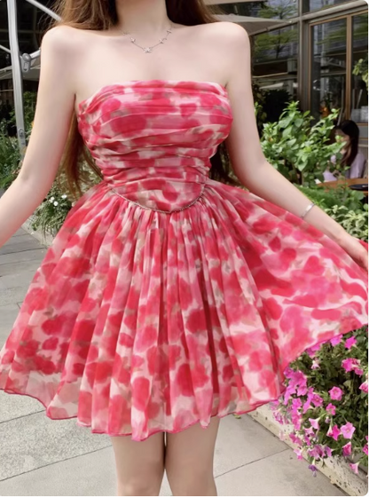 Beautiful Floral Tube Top Pink Tulle A-line Birthday Dress Homecoming Dress cc3549