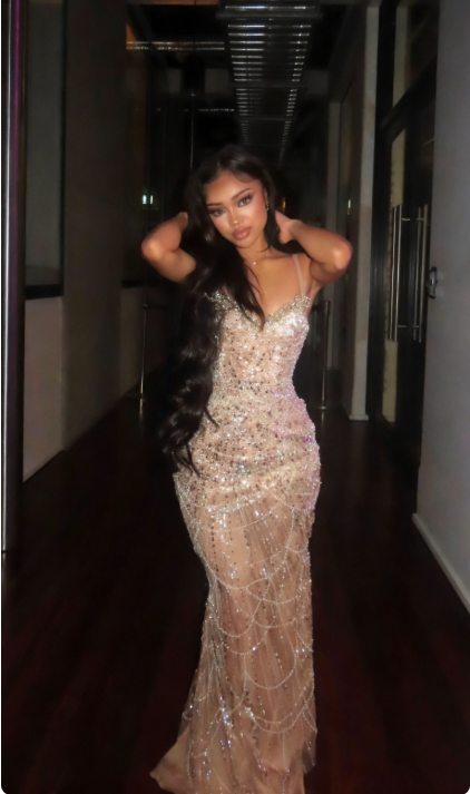 Luxurious Nude Gold Mermaid Deep V Halter Beaded Sequined Long Prom Dress Evening Dress cc5071