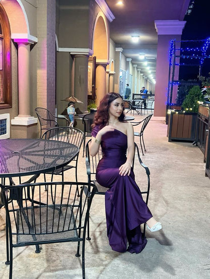 Elegant Deep Purple One-Shoulder Satin Mermaid Long Prom Dress Evening Dress cc5077