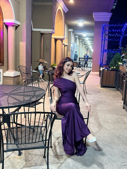 Elegant Deep Purple One-Shoulder Satin Mermaid Long Prom Dress Evening Dress cc5077