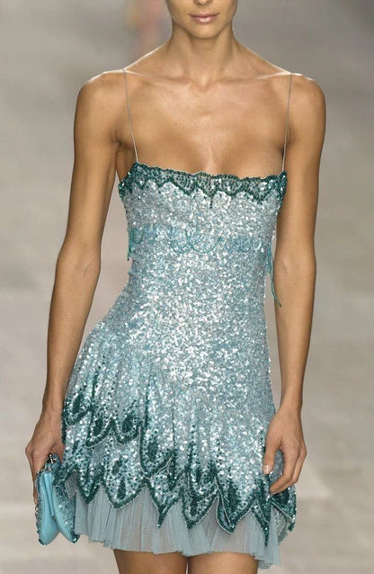 Gorgeous Blue Spaghetti Strap Sequin Waist Birthday Party Homecoming Dress cc4378