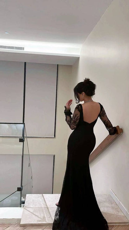 Sexy And Elegant Black Mermaid Long-Sleeved Backless Lace Long Prom Dress Evening Dress cc5082