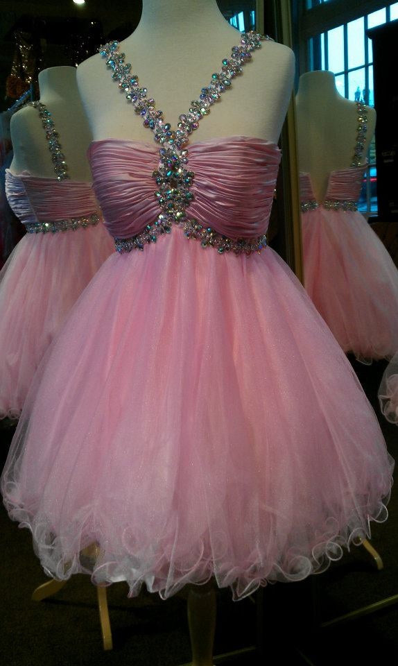 Sweet Deep V-neck Rhinestone Mesh Puffy 17th Birthday Homecoming Dress cc4039