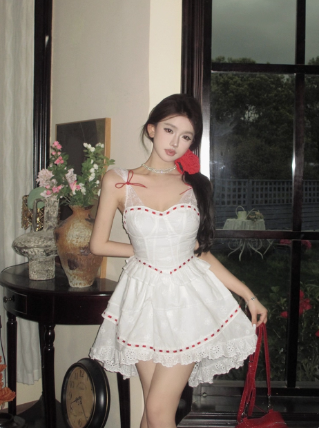 Princess Lace Stitching White Sling Waist Cake Birthday Skirt Homecoming Dress cc3757