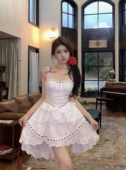 Princess Lace Stitching White Sling Waist Cake Birthday Skirt Homecoming Dress cc3757