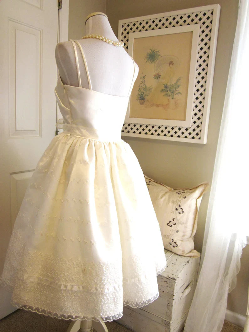 Cute Ivory Strappy Satin Lace Trim A-line Birthday Dress Homecoming Dress cc3766