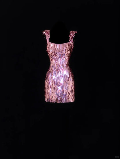 Gorgeous Pink Square Neck Sequin Tassel Slim Birthday Party Homecoming Dress cc4393