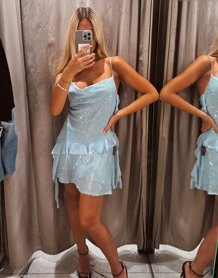 Beautiful Swing Neck Strap Sequin Blue Ruffle 17th Birthday Homecoming Dress cc3782