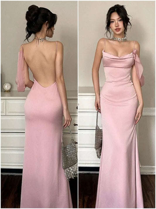 Elegant Pink Mermaid Spaghetti Strap Backless Satin Long Prom Dress Evening Dress cc5094