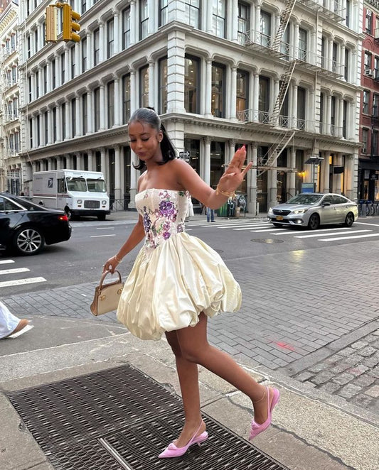 Elegant Embroidered Ivory Strapless Satin Flower Bud Birthday Dress Homecoming Dress cc3785