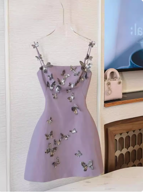 Charming Purple Butterfly Strap Satin 17th Birthday Homecoming Dress cc3800