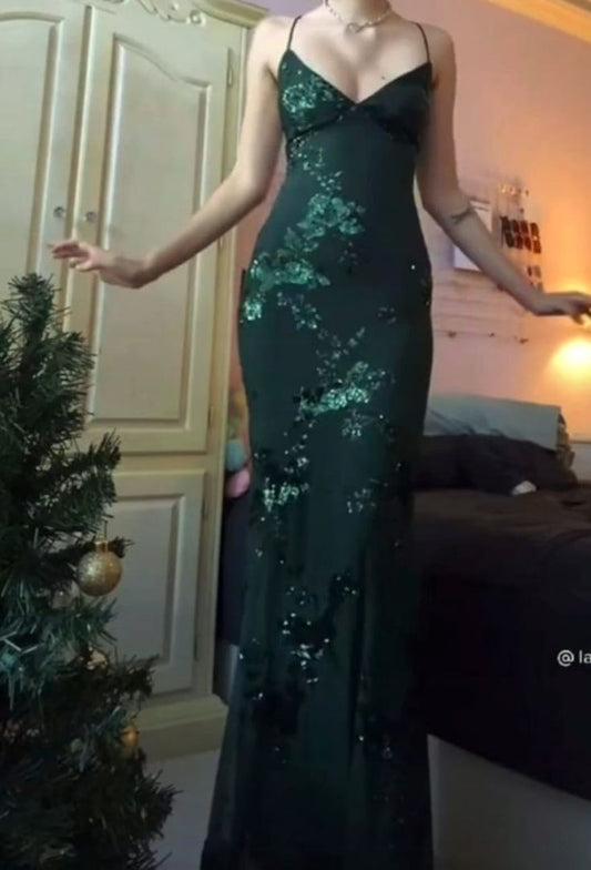 Beautiful Dark Green Mermaid V-Neck Cross-Strap Sequined Long Prom Dress Evening Dress cc5096