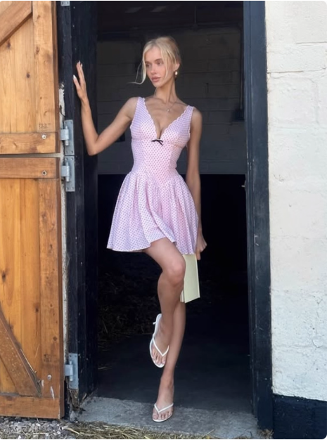 Cute Pink Deep V Polka Dot A-line Birthday Dress Homecoming Dress cc3822