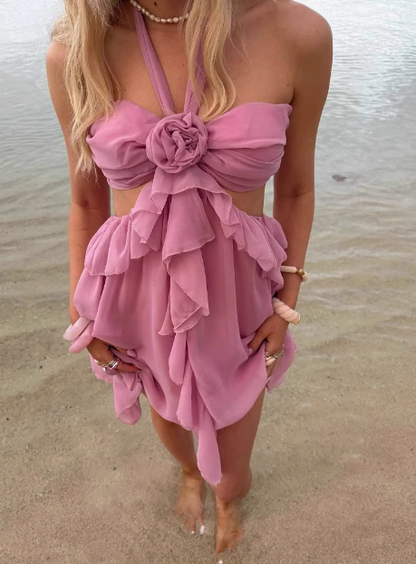 Pink Three-dimensional Flower Halter Neck Layer Ruffle Irregular Birthday Short Skirt Homecoming Dress cc3832