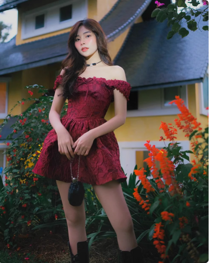 Sweet Burgundy Jacquard Shoulder Strap Waist A-line 17th Birthday Homecoming Dress cc3835