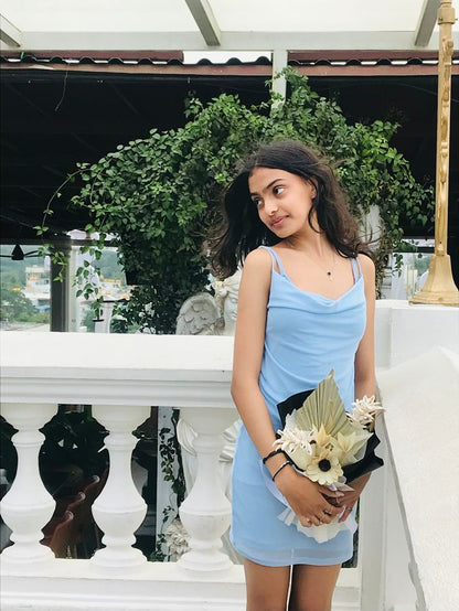 Fresh Light Blue Slouch Neckline Spaghetti Strap Mesh Slim Birthday Party Homecoming Dress cc4403