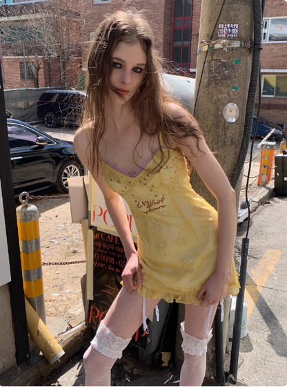 Vintage Yellow Bow Embroidered Waist Suspenders 17th Birthday Homecoming Dress cc3883