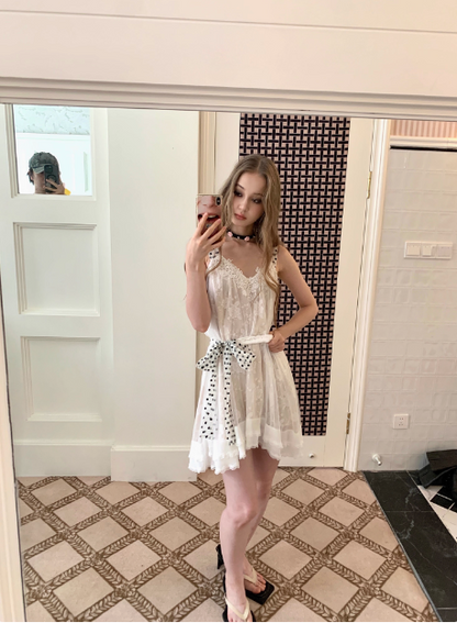 Cute White Lace Polka Dot Tie Waist Birthday Short Skirt Homecoming Dress cc3885