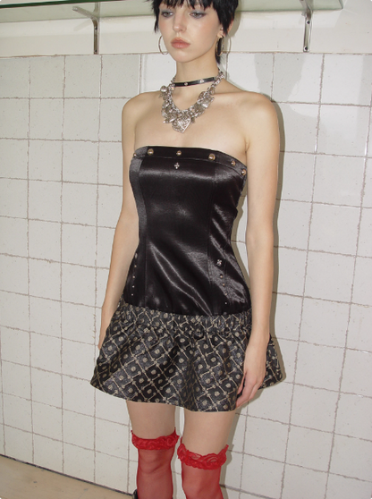 Vintage Black Studded Jacquard Satin Tube Top 17th Birthday Homecoming Dress cc3901