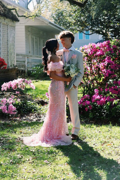 Sweet Princess Pink Mermaid Off-Shoulder Bow Tulle Train Prom Dress Evening Dress cc5106