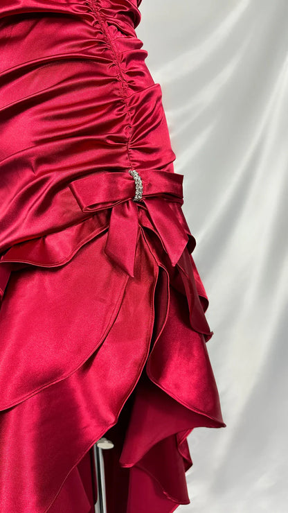 Stunning Red Satin Halter Neck Irregular Birthday Dress Homecoming Dress cc3949