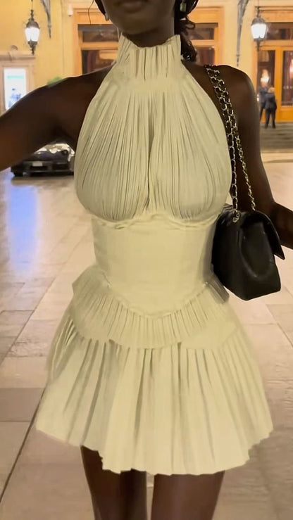 Design Ivory Halterneck Sleeveless Waist Pleated Birthday Dress Homecoming Dress cc3979