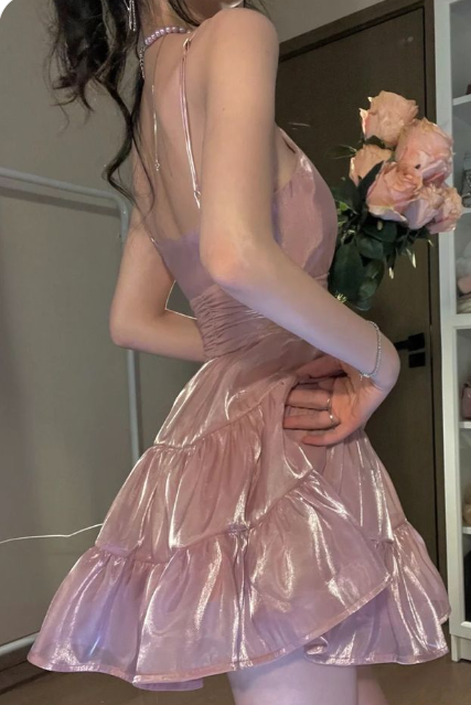 Sweet Pink Satin Strapless A-Line Birthday Dress Homecoming Dress cc3987