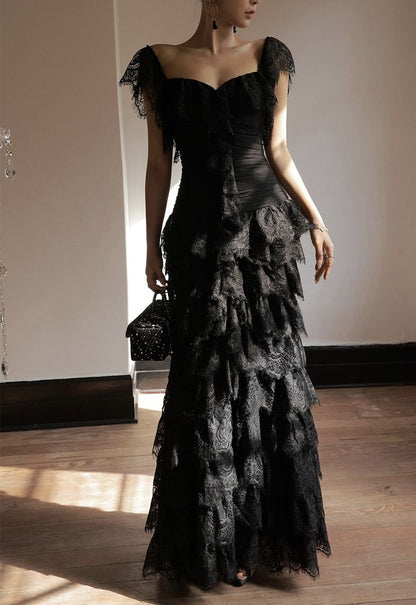 Elegant Black Mermaid Layered Lace Long Prom Dress Evening Dress cc5124