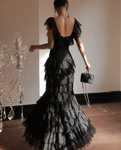 Elegant Black Mermaid Layered Lace Long Prom Dress Evening Dress cc5124