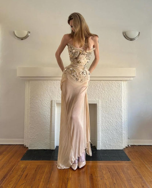 Vintage Nude Apricot Mermaid Waist-Cinching Beaded Chiffon Long Prom Dress Evening Dress cc5125